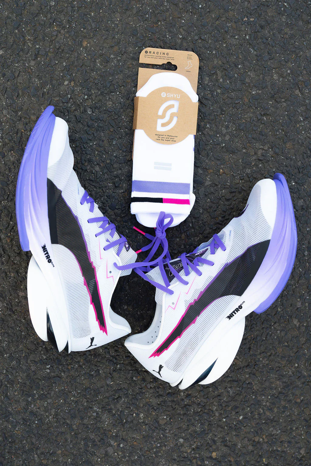 SHYU Racing Quarter Crew Socks - White/Lavender/Magenta - Image 3